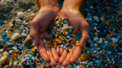 Detail of hands showing microplastics on the beach, generative ai