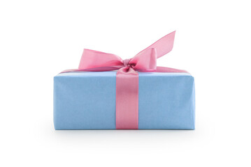 Blue paper present box with pink ribbon bow isolated on white background