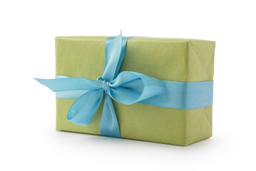 Green paper present box with blue ribbon bow isolated on white background