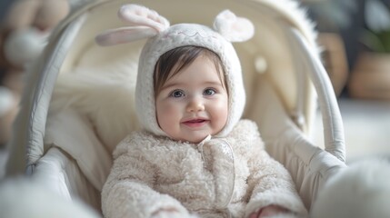 Laughing happy baby girl sitting in a white stroller in a bunny dress-up