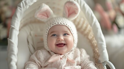 Fototapeta na wymiar Laughing happy baby girl sitting in a white stroller in a bunny dress-up