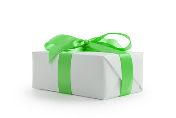 White gift box with green ribbon bow isolated on white background
