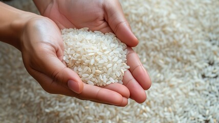 Hands holding paddy rice grains. generative ai