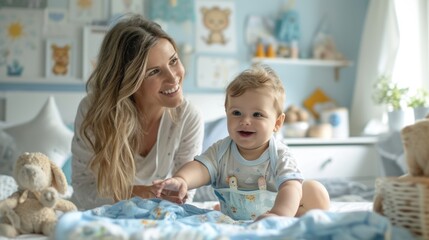 A mother and her baby are changing diapers on the changing table. Daycare center