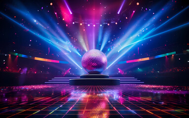 Concert stage in disco style with colorful lights and shimmering disco ball on the stage  - obrazy, fototapety, plakaty
