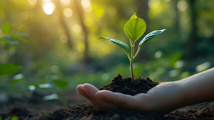 Ecological friendly and sustainable environment concept with tree planting growing on volunteer's hands. generative ai