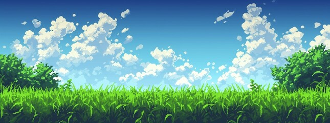 Pixel art of a lush green meadow and fluffy clouds against a vibrant blue sky, perfect for a peaceful scene in a retro-style video game landscape. - obrazy, fototapety, plakaty