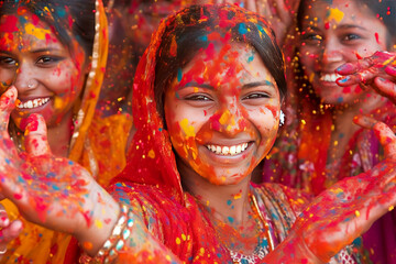 Joyful people celebrating Holi festival with vibrant colored powders on their faces and hands.