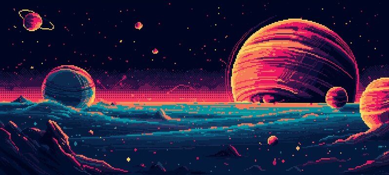 Naklejki Retro 8-bit pixel art capturing a vibrant cosmic scene with sunset-hued planets and a star-filled nebula reflecting over a tranquil interstellar ocean.