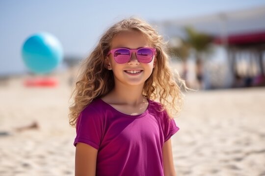 Portrait of a smiling little girl in sunglasses on the beach.