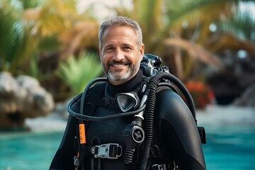 Portrait of a happy senior man with a scuba diving suit.