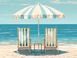 Two beach chairs and an umbrella with next to the ocean waves