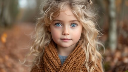 Portrait of a beautiful little girl with blond curly hair in a knitted warm sweater - Generative AI