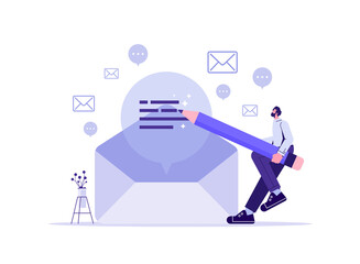 Writing email communication for best business promotion, storytelling, sending mail messages, businessman hold pencil and writing email letters