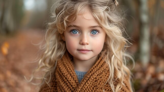 Young Girl with Curly Blonde Hair in Warm Knitted Sweater