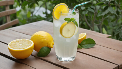 Refreshing lemonade on a wooden table, perfect for summer, lemonade cocktail in the garden