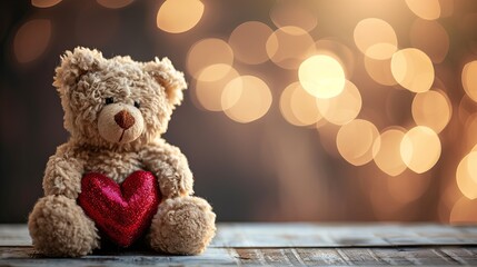 Teddy Bear with Heart - Sitting On Side Of Canvas With Copy Space