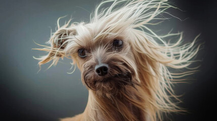 Naklejka premium A dog with long hair blowing in the wind in style of fashion editorial. Dog coat on dark background. Grooming