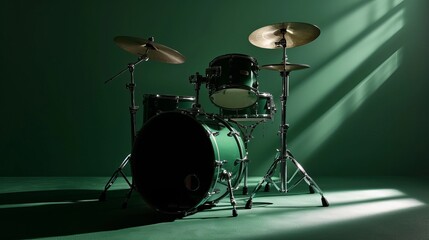 Fototapeta na wymiar Green Drum Set Illuminated by Dramatic Lighting in a Dark Room - Musical Instrument Photography