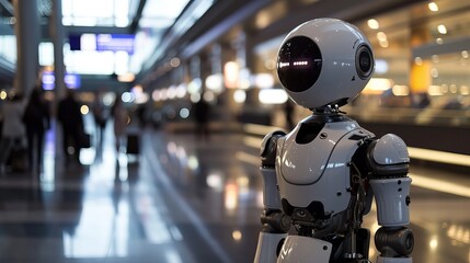 Modern Autonomous Robot Assistant in Busy International Airport Terminal, Reflecting Technological Integration in Public Spaces