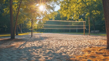 Recreation Area. Volleyball Net and Sand Court Ready for Play