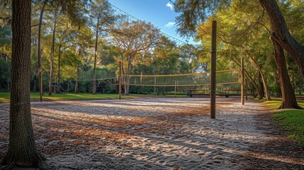 Obraz premium Recreation Area. Volleyball Net and Sand Court Ready for Play