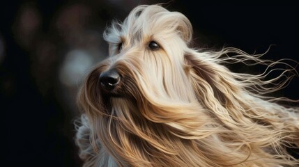 A dog with long hair blowing in the wind in style of fashion editorial. Dog coat on dark background. Grooming