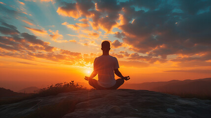 Man in yoga pose zen meditation at sunset, generative ai