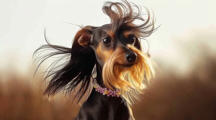 Naklejka premium A dog with long hair blowing in the wind in style of fashion editorial. Dog coat on bright background. Grooming