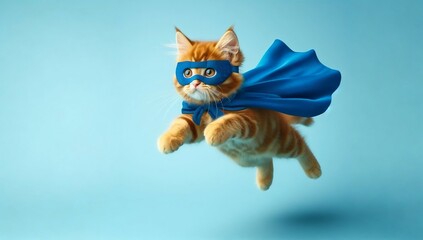 A flying feline hero, Adorable ginger cat wearing a blue mask and cape on a sky blue backdrop with room for text. The idea of a supercat, leader, and humorous pet portrait