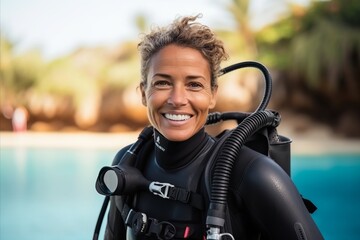 Portrait of a happy mature woman with a scuba diving suit
