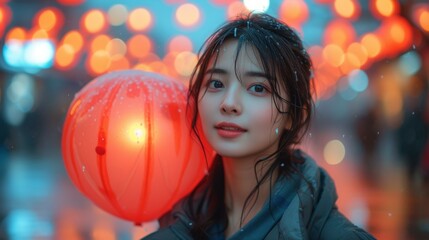 Fototapeta premium Portrait of a beautiful asian woman with red lantern in the city - Generative AI