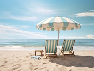 Two beach chairs and an umbrella with next to the ocean waves