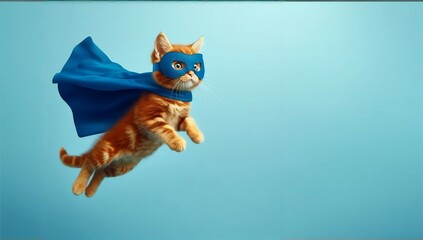 A Tabby Cat Wearing a Superhero Costume and Flying on light blue background, superhero cat concept