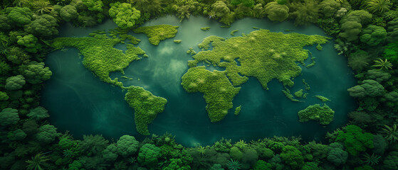 A world map meticulously outlined by moss growing on a rock.  conveying Earth Day and environmental care. ecosystem and healthy environment concept.