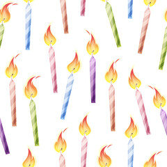 Seamless pattern with colorful candles. Background with decor from birthday candles. Festive texture for wrapping paper, cards, fabric, wallpaper.