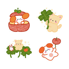 Set of Animal Illustration Stickers Springtime with Plant and Fruit Edition 2 (Dog in Apple, Clover Cat, Cat Picnic, Dog Tomato Balloon)