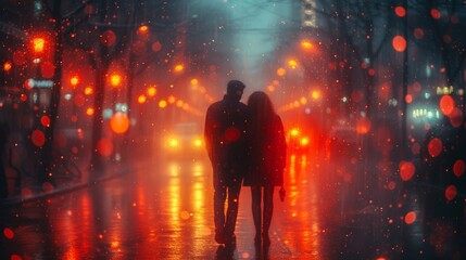 Silhouette of a loving couple on the background of a foggy night city - Generative AI