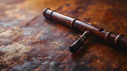 Obraz premium Artistic Representation of a Finely Crafted Wooden Flute Resting on a Textured Rustic Surface