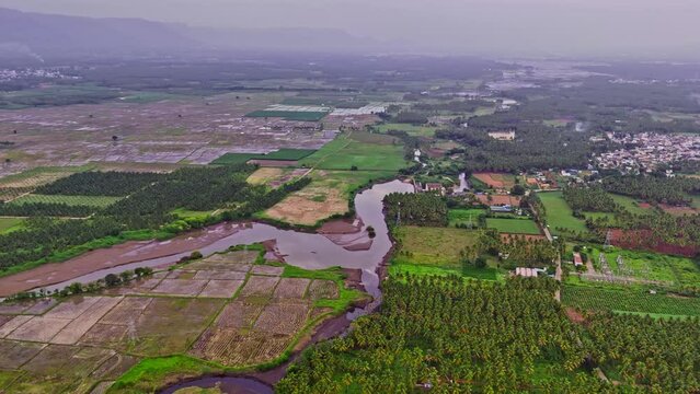Drone flying high over green fields with coconut trees divided with lake during sunset in Theni, Tamil Nadu.