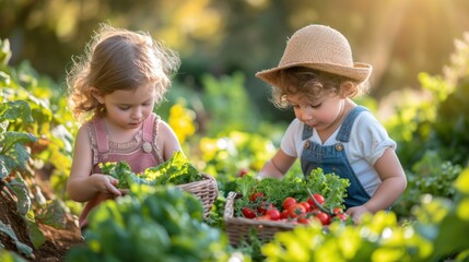 Two children picking fresh vegetables on an organic bio-farm Children do gardening and farming.