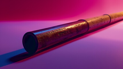 Fototapeta premium Exquisite Bamboo Flute Under Dramatic Pink and Purple Lighting, Showcasing the Craftsmanship and Texture of the Musical Instrument