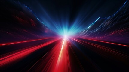 Fototapeta na wymiar Dynamic night drive: car speed lights with glowing trail on highway road, red lane blurred effect. Vector abstract background of fast and long exposure, featuring mountains and night sky