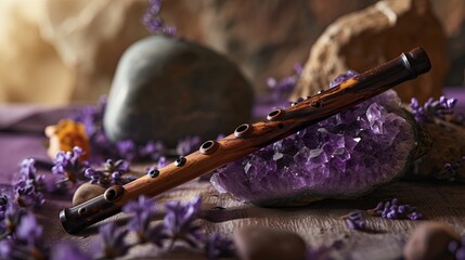 Wooden Flute on Amethyst Crystal with Lavender Flowers and Stones