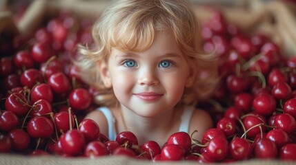 Fototapeta na wymiar Cute little girl with red cherries. Selective focus. - Generative AI