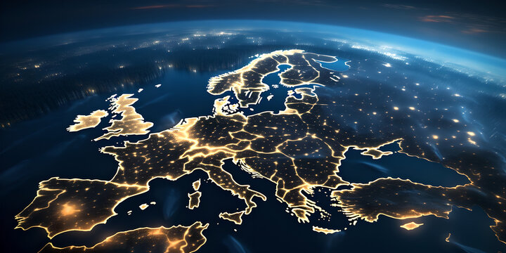concept of uniting Europe through telecommunication, information exchange, data transfer, cyber technology, global network of connectivity, abstract map of Europe, night, Image from a space station