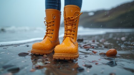 Female legs in orange boots on a frozen lake in the rain. - Generative AI