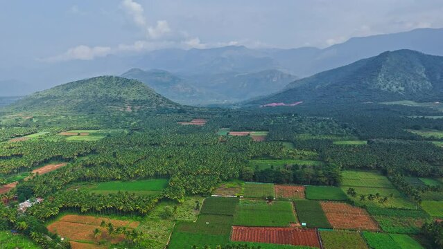 Profile aerial view of plant farms, hills and range of mountains at background in Theni, Tamil Nadu.