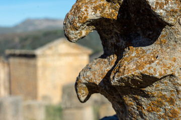 Close-up of Roman ruins against the sky in the ancient Roman town of Djemila, Setif, Algeria.