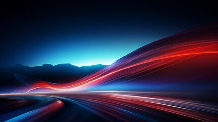 Dynamic night drive: car speed lights with glowing trail on highway road, red lane blurred effect. Vector abstract background of fast and long exposure, featuring mountains and night sky - obrazy, fototapety, plakaty